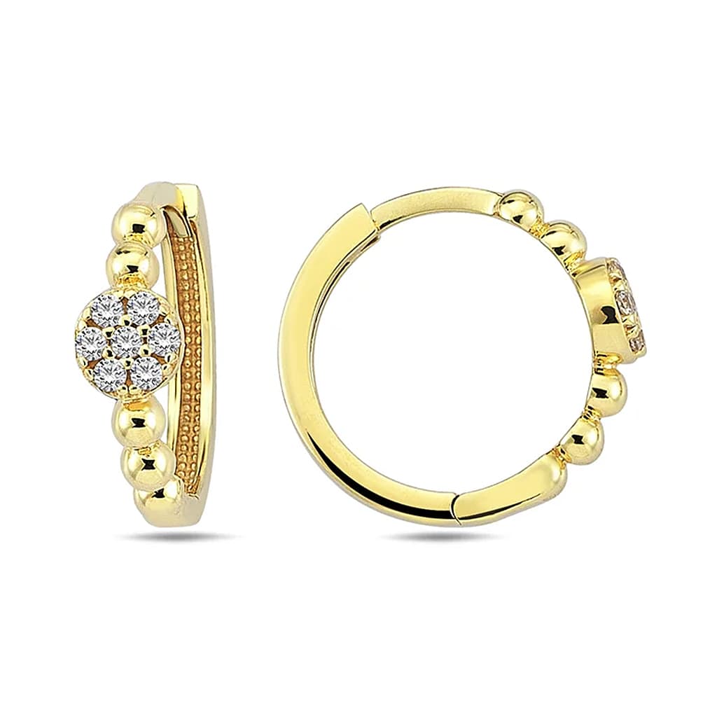 Дамски обеци релефни халки от жълто злато 14 к. и циркони