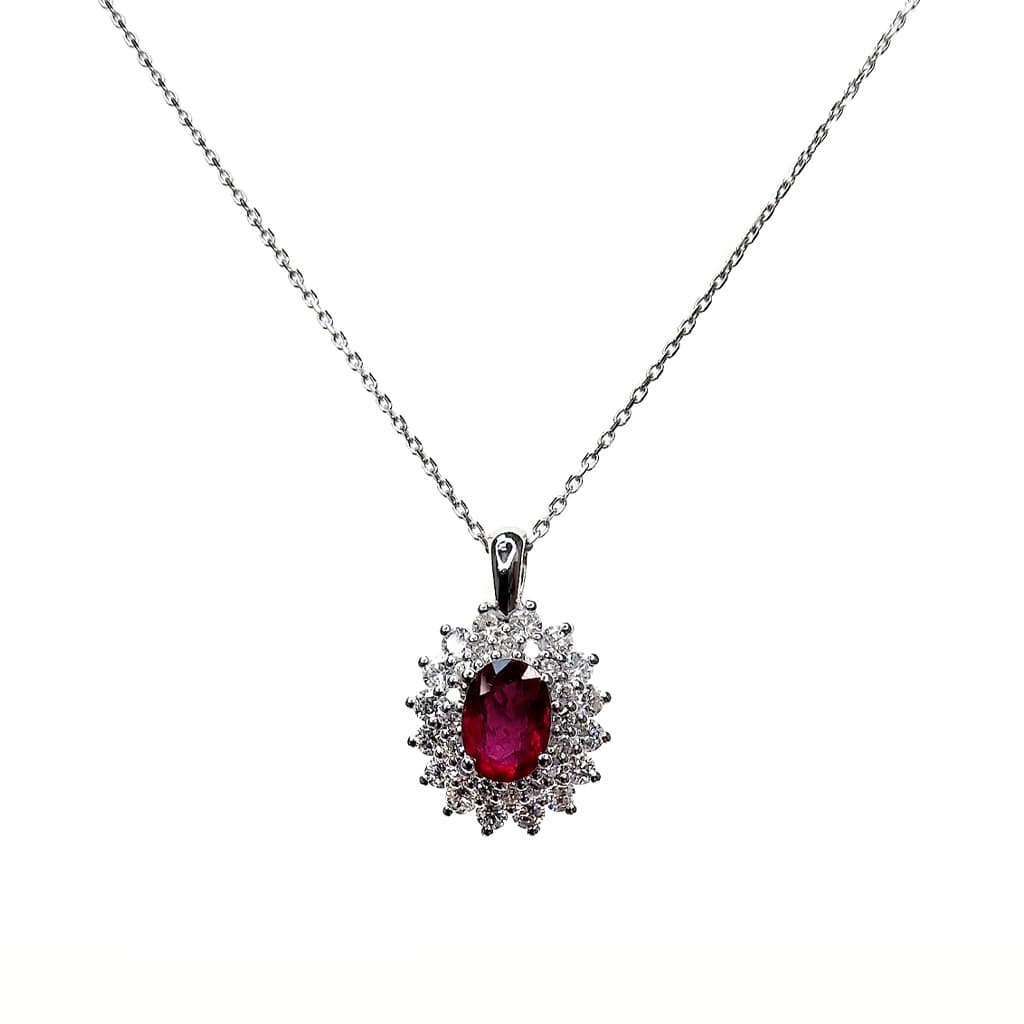 Колие с рубин и диаманти от бяло злато 14 карата